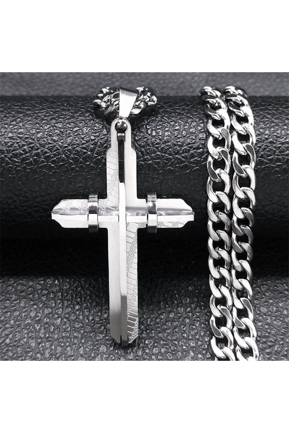 Men's Cross Male Crucifix Long Necklace for Women 14K White Gold Christian Long Necklaces Biker Jewelry