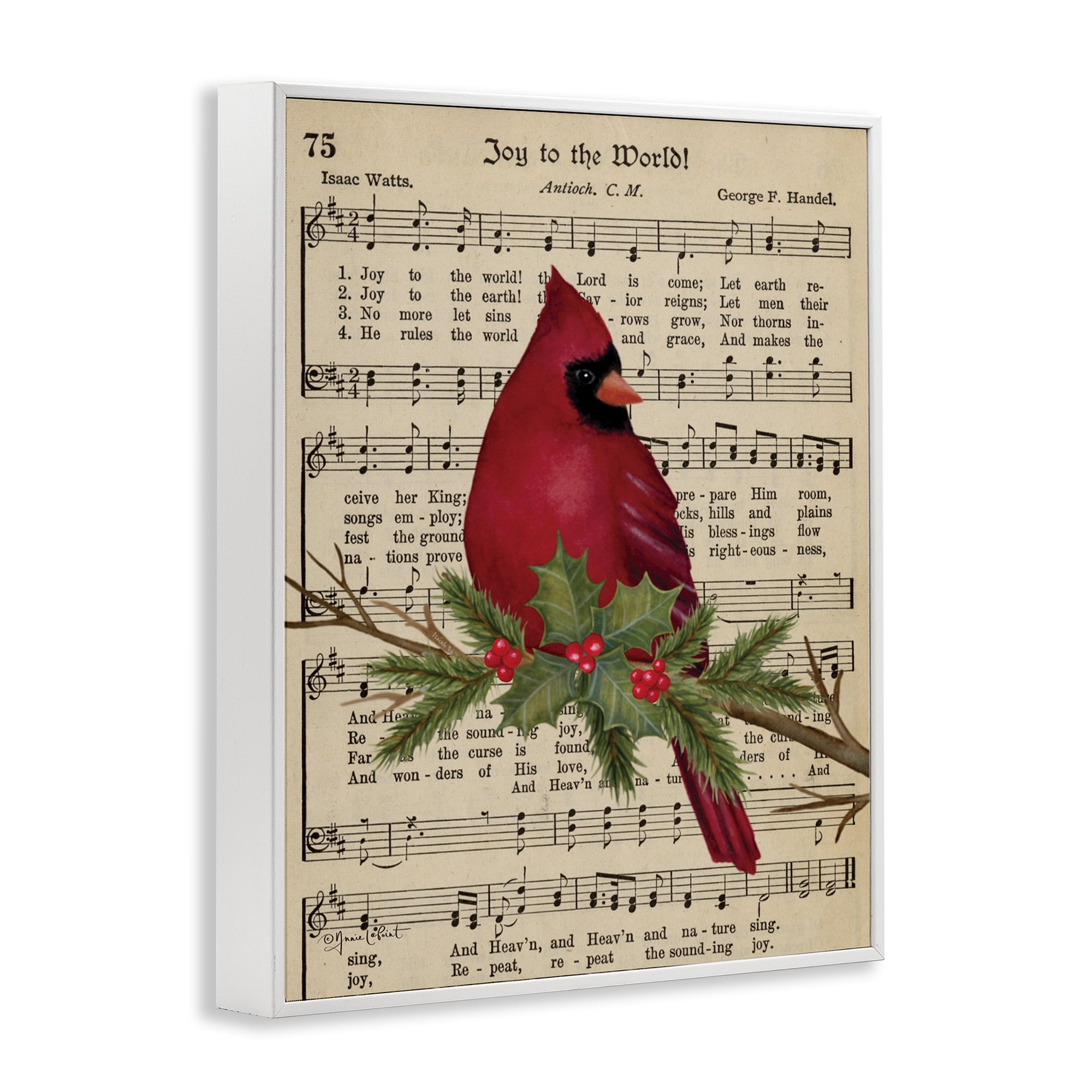 Stupell Industries Cardinal on Holiday Music Holiday Painting White Framed Art Prints Wall Art, 16 x 20