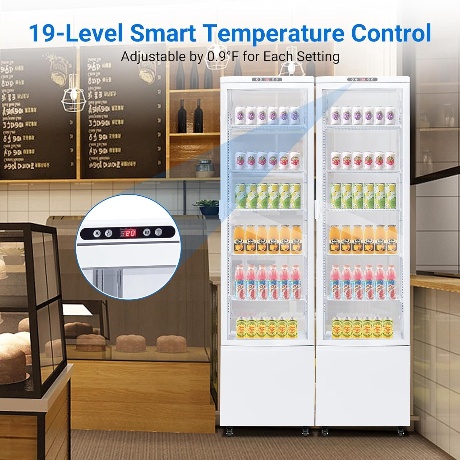 Homhougo Commercial Fridge Display Refrigerator, 10.9 Cubit Feet Beverage Cooler with Tempered Glass Door, Upright Merchandiser with 4 Castors, 5 Adjustable Shelves, Customizable Lightbox, 308L