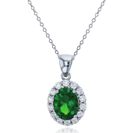 Sterling Silver Rhodium 9x7mm Oval Cut Emerald & Clear CZ 18