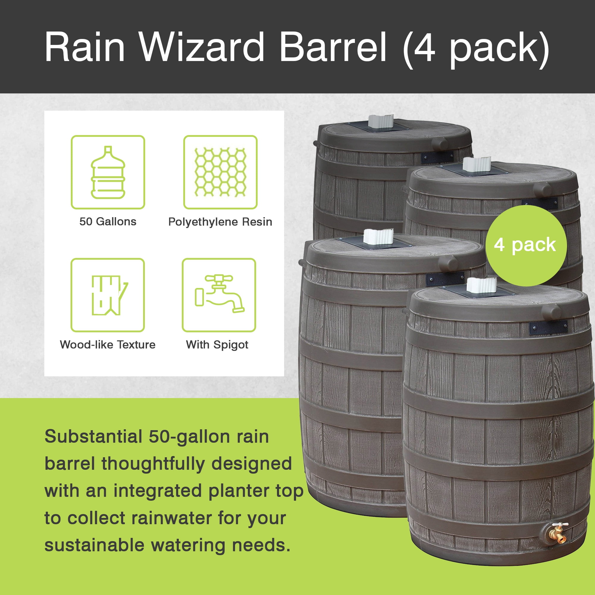 Good Ideas Rain Wizard 50 gal Plastic Rain Barrel w/ Brass Spigot (4 Pack)