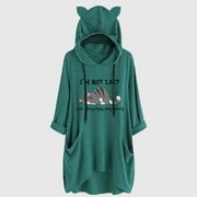 sebulube Women's Ear Hat Mid-length Blouse Mid-sleeve Cute Printed Hooded Loose Top