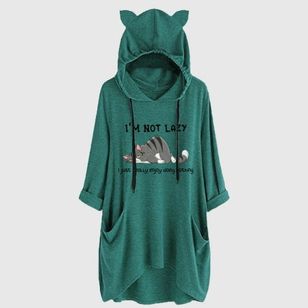 sebulube Women's Ear Hat Mid-length Blouse Mid-sleeve Cute Printed Hooded Loose Top
