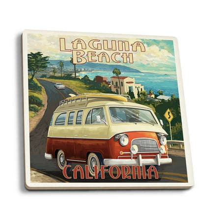 

Laguna Beach California Camper Van (Absorbent Ceramic Coasters Set of 4 Matching Images Cork Back Kitchen Table Decor)