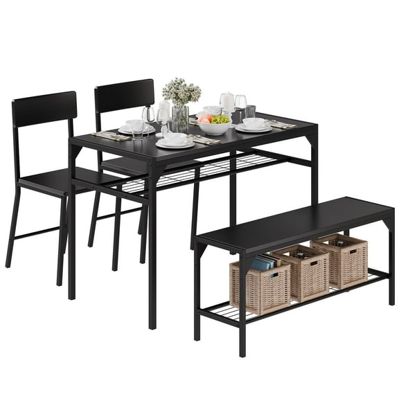 Walsunny 4 Piece Dining Table Set,Kitchen Table with Bench and 2 Chairs,Kitchen Breakfast Furniture with Storage Racks,Industrial Kitchen Table Set for Small Space,Black