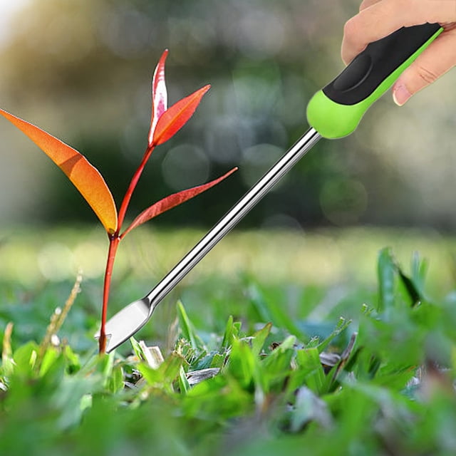 Standing Garden Weeder Tool | Stainless Steel Manual Weed Remover | No Bending Ergonomic Handle | Weed Puller, Grass Cutter, Soil Loosener, Stolon Extractor | Green | 13in Length | 1 Pack