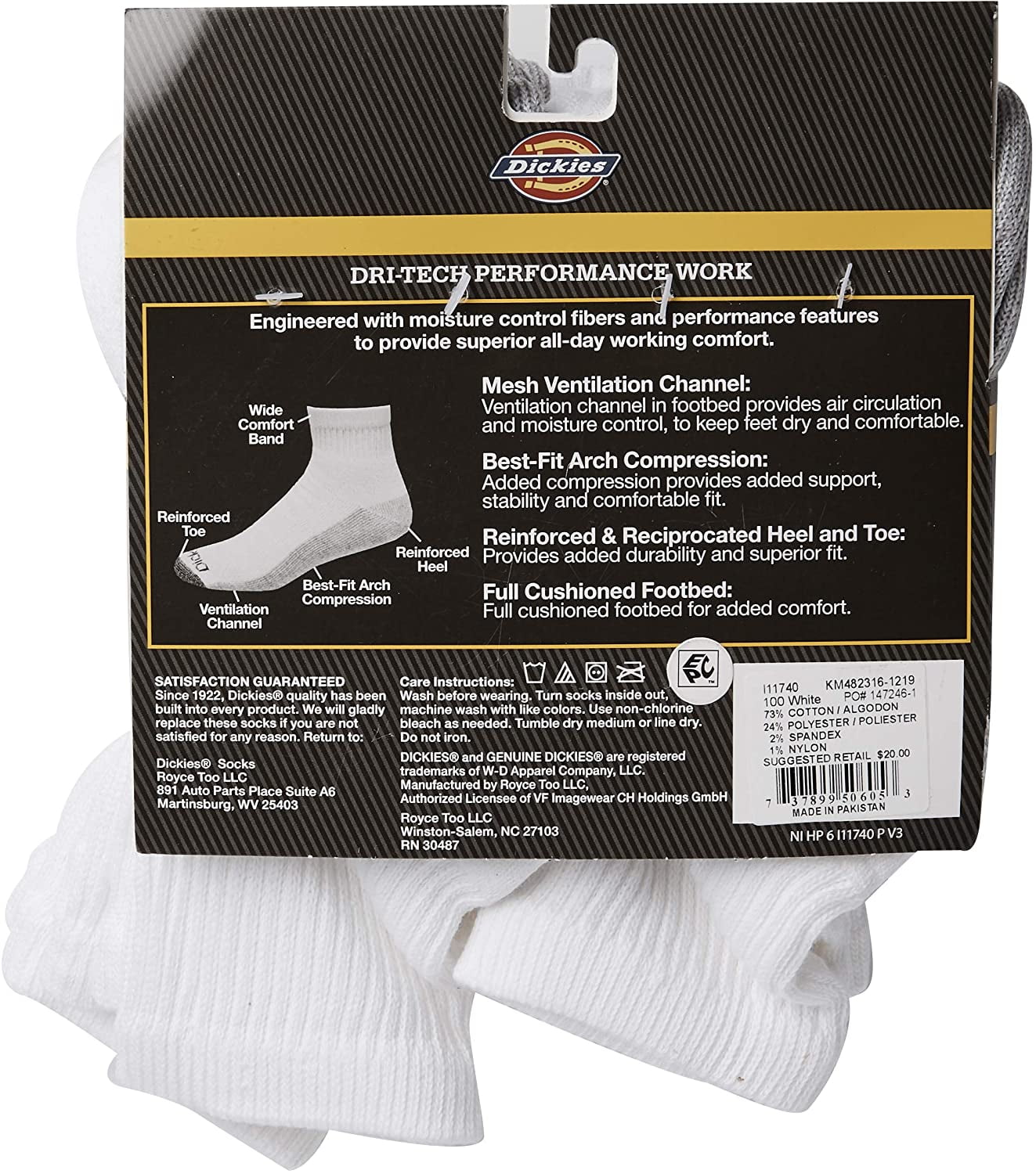 Dickies Men's 6pk Dri-Tech Ankle Socks - White (11740, Large)