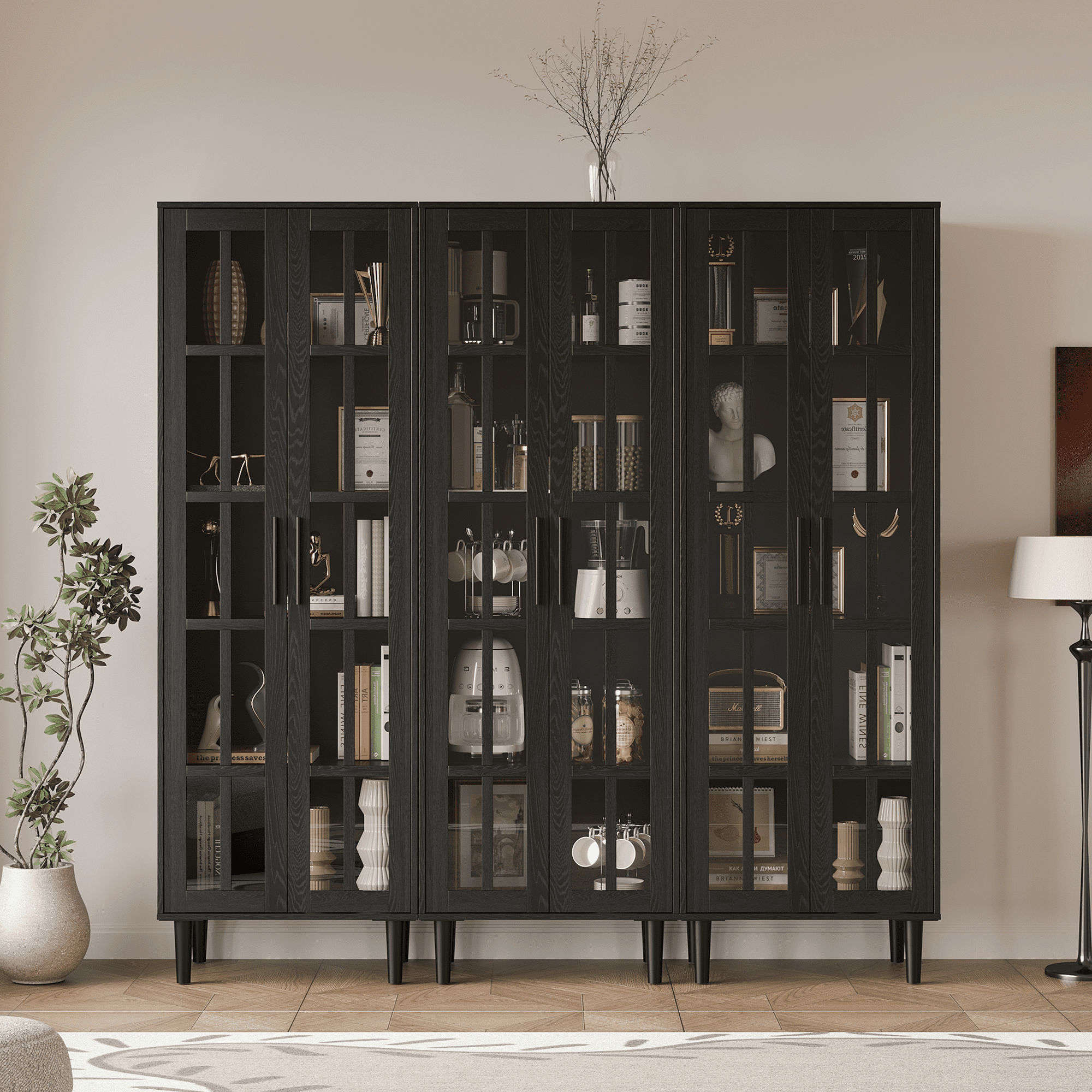 RichYa 71"H Tall Bookcase with Glass Door,2 Doors Display Bookshelf with Metal Legs,5 Tier Storage Cabinets for Living Room,Home Office,Black(A)
