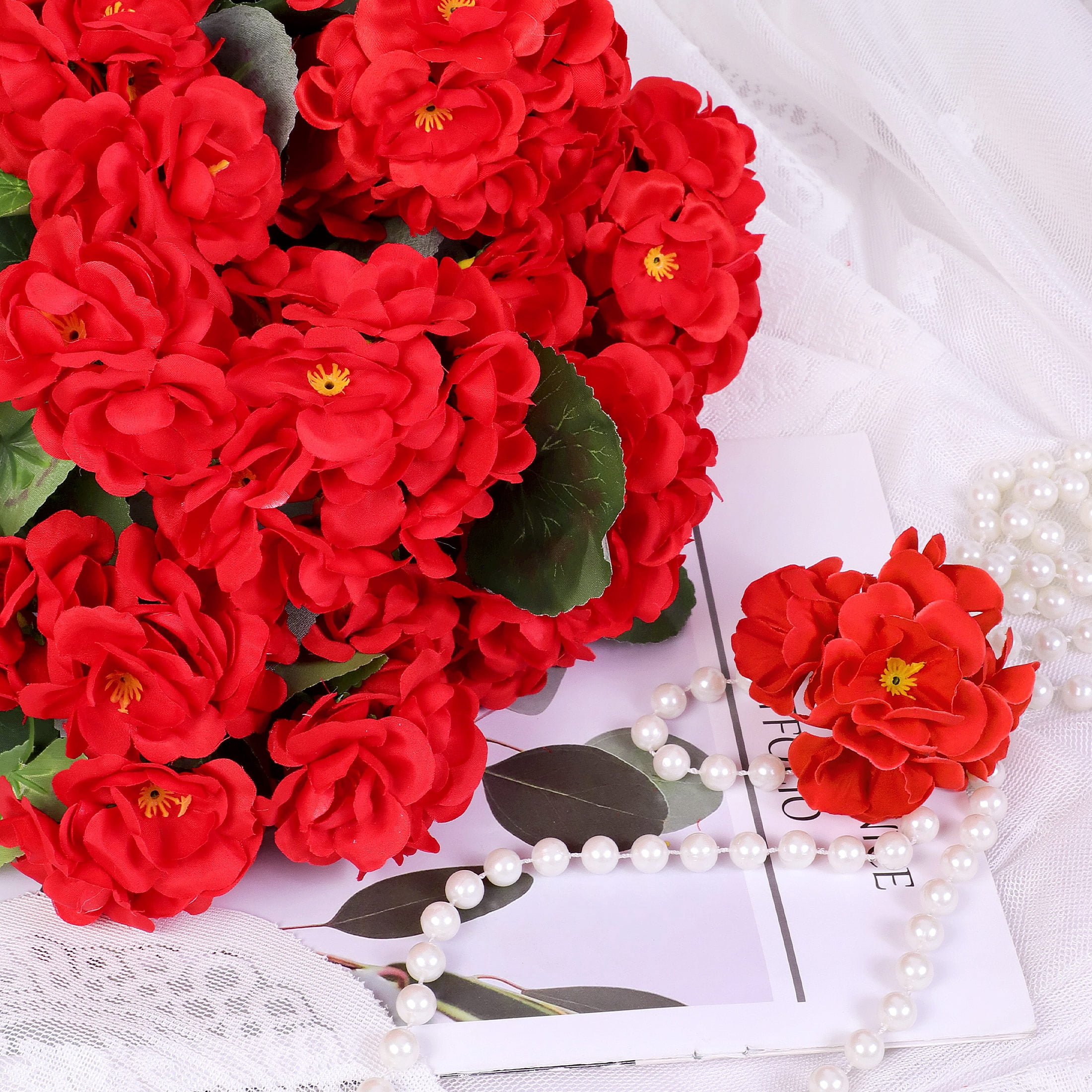 HKKDKTA 12 Pcs Artificial Geraniums for Outdoors Realistic Artificial Flowers, UV Resistant Red Fake Geraniums Silk Flowers for Porch, Garden Decor