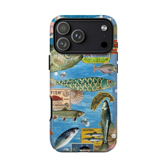 Vintage Fish Collage Phone Case, Retro Ocean Illustration iPhone Cover, Artistic Marine Protective Case for iPhone 17 16 15 14 13 12 11 Plus Pro Max Mini