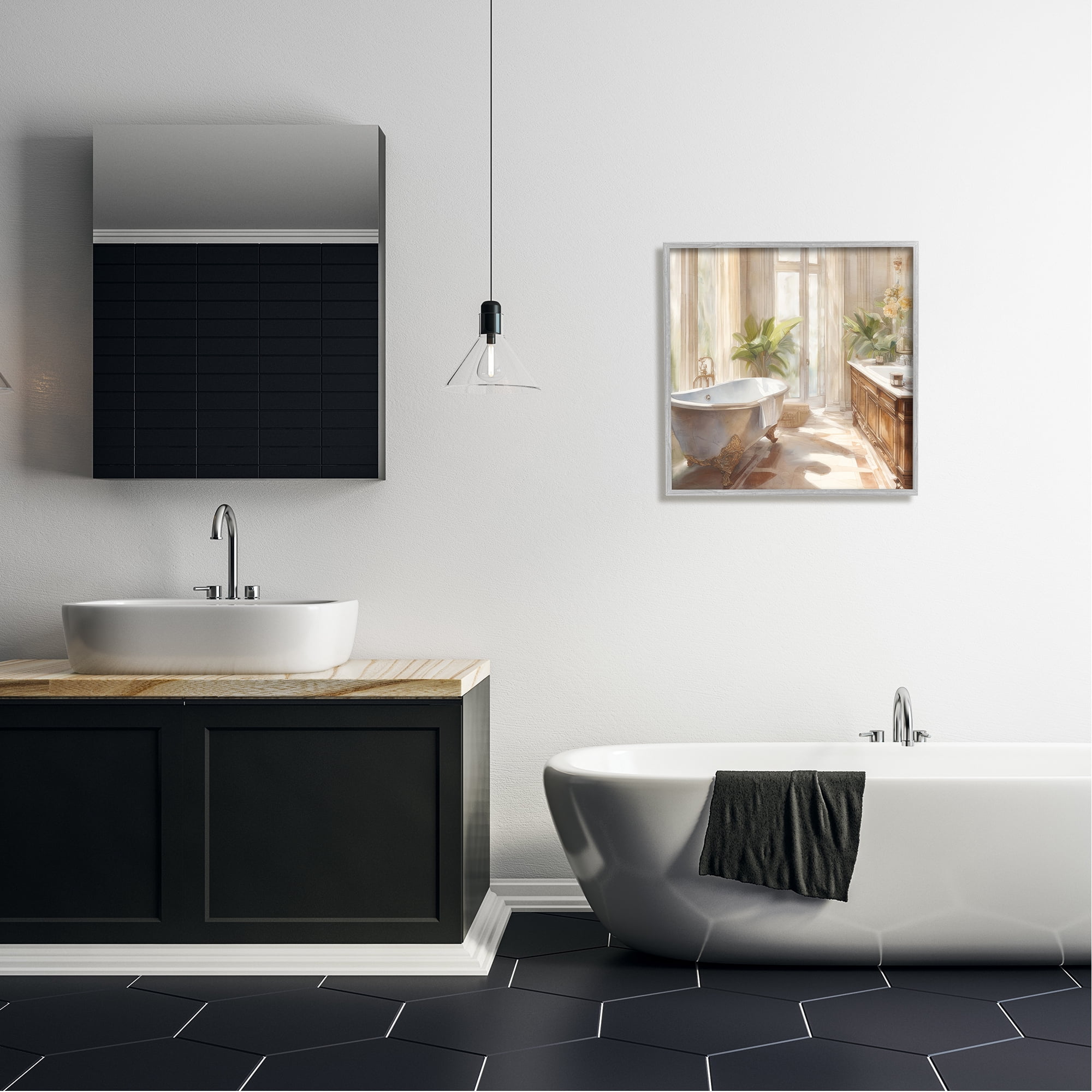 Stupell Industries Sunlit Bathroom View Botanical & Floral Painting Gray Framed Art Print Wall Art, 24 x 24