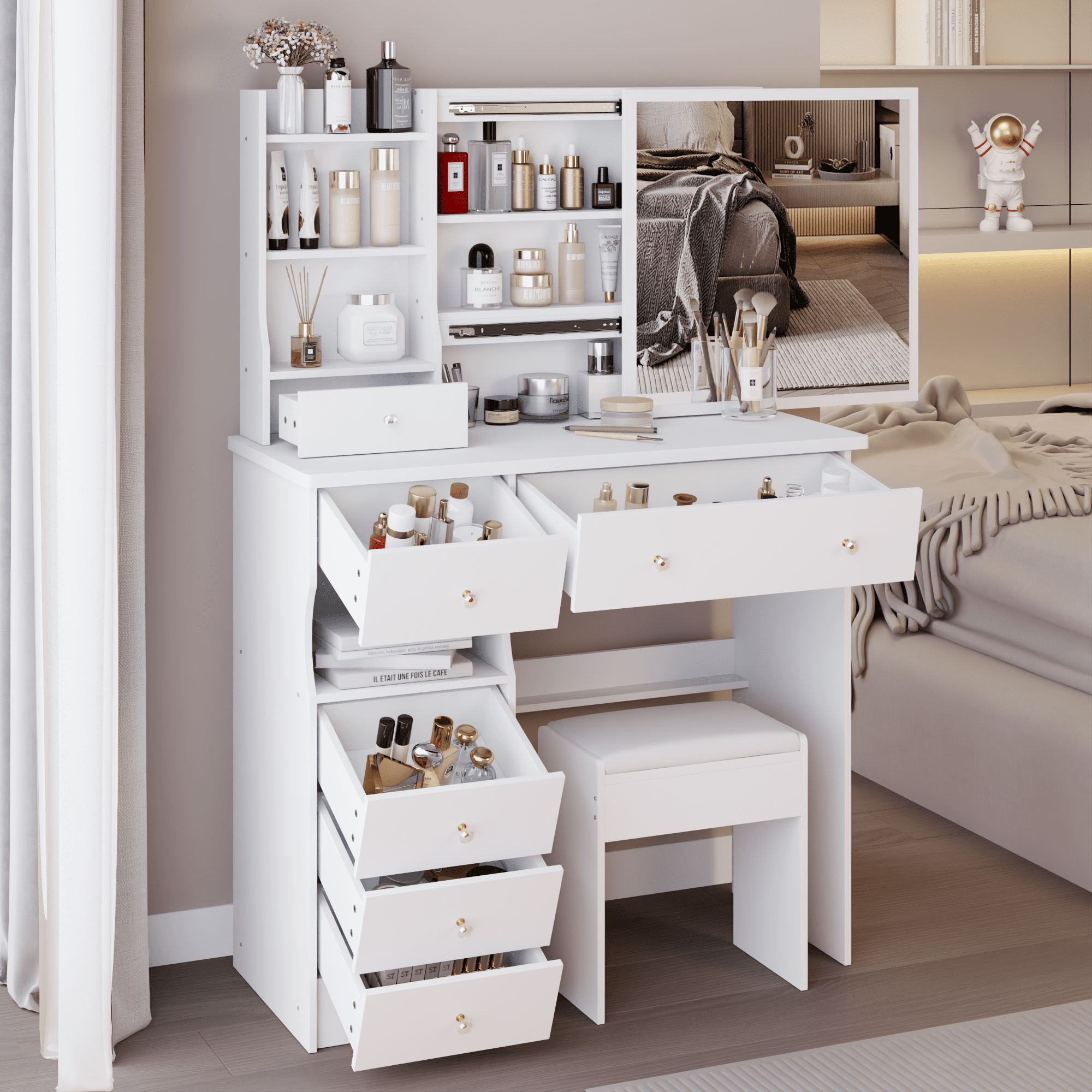 Drawer Desktop Vanity Table + Cushioned Stool, Multi Layer High Capacity Storage, Practical Fashionable Dresser White 37"