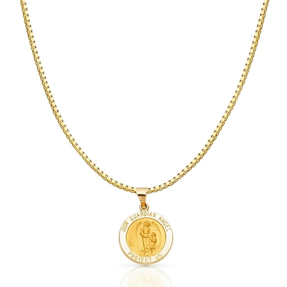 14K Yellow Gold Religious Our Guardian Angel Charm Pendant with 1mm Box Chain Necklace