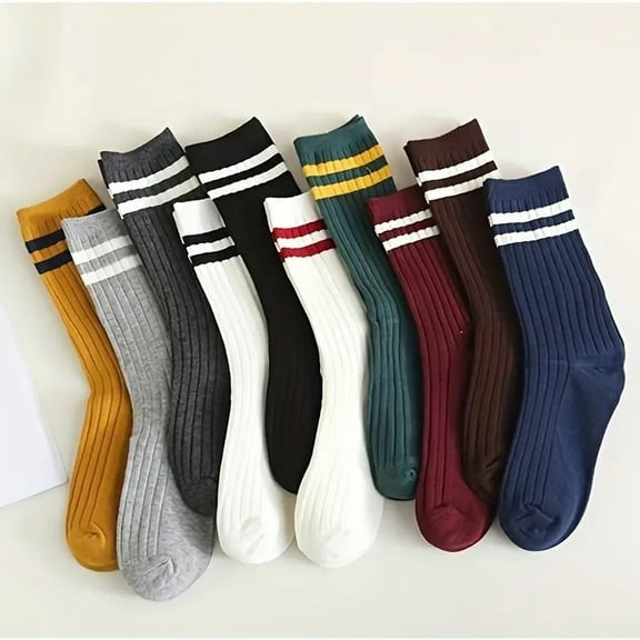 Striped Sports Socks, Comfy & Breathable, 10 Pack