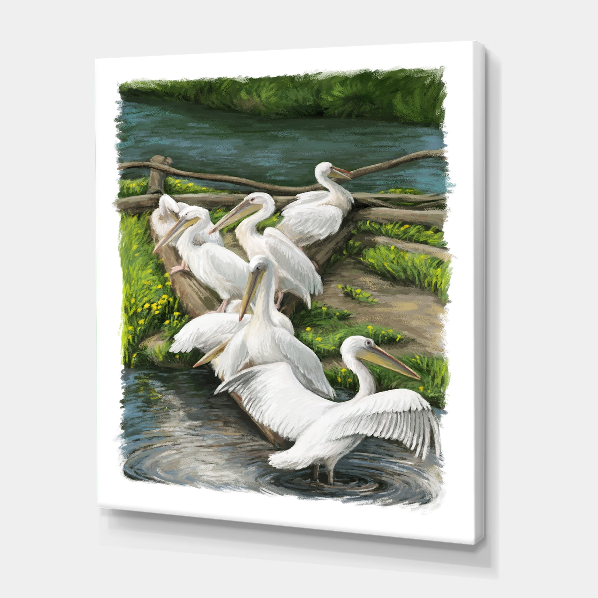 Designart ' Pelicans Resting Near The river Water ' Traditional Canvas Wall Art Print
