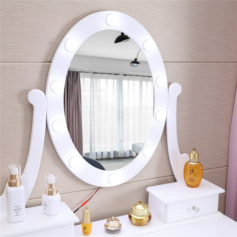 Ktaxon Vanity Table 10 LED Lights, 5 Drawers Makeup Dressing Desk with  Cushioned Stool Set,Bedroom Vanities Set White