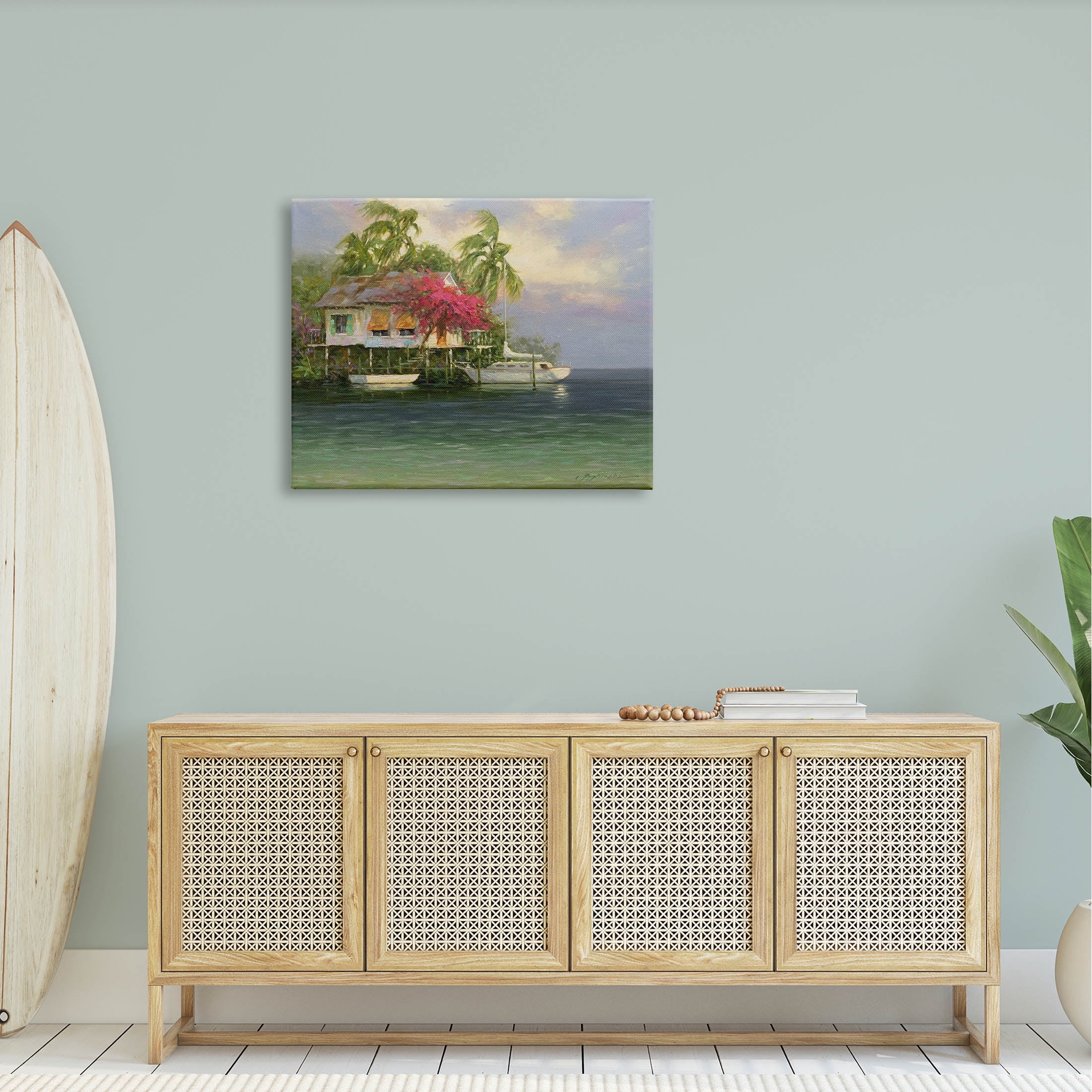 Summer Coastal Vacation Cottage Landscape Painting Gallery Wrapped Canvas Print Wall Art