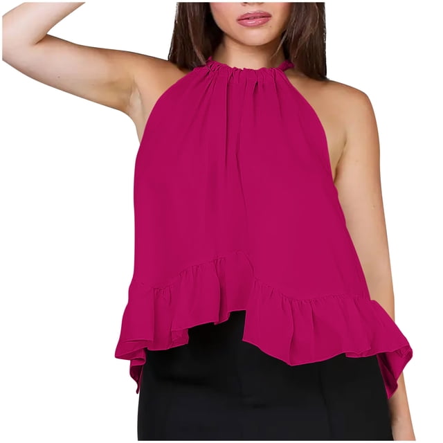 Sleeveless Top for Women, Non-Positioning Printed Loose Fit with Ruffle Hem and Halter Back Tie Design, Black S