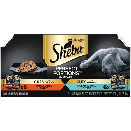 (12 Pack) Sheba Perfect Portions Wet Cat Food Cuts in Gravy Roasted Chicken Entree & Signature Tuna Entree Variety Pack, 2.6 oz. Twin-Pack