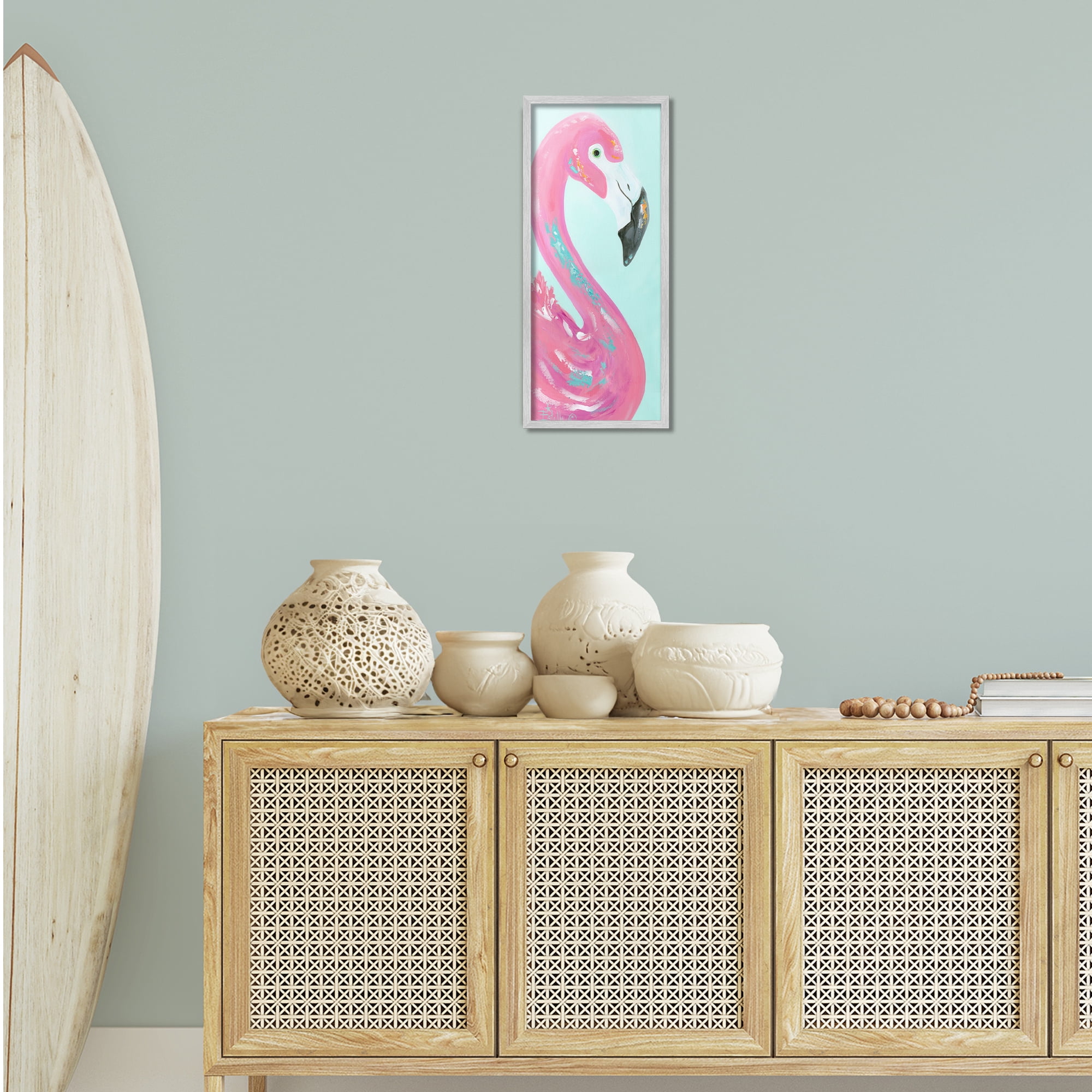 Stupell Industries Odd Flamingo Portrait Animals & Insects Painting Gray Framed Art Print Wall Art, 10 x 24