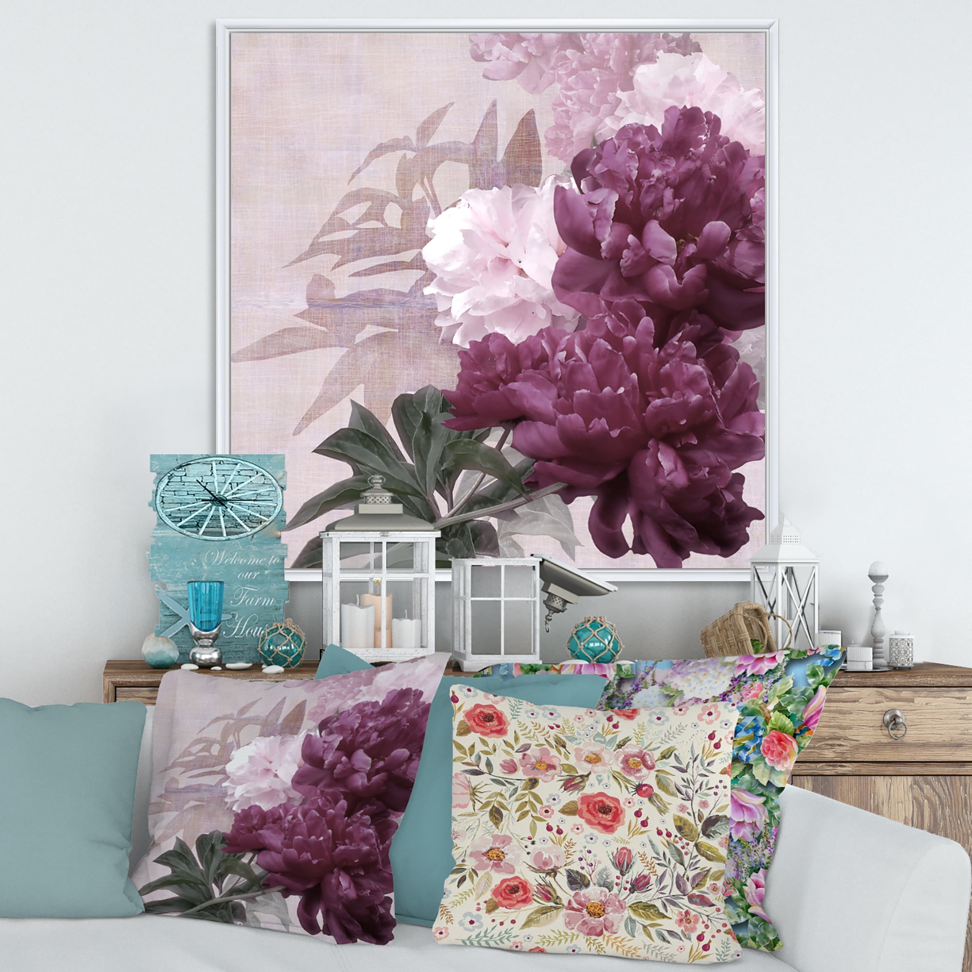 Designart 'Ancient Pink and Purple Flowers I' Traditional Framed Canvas Wall Art Print
