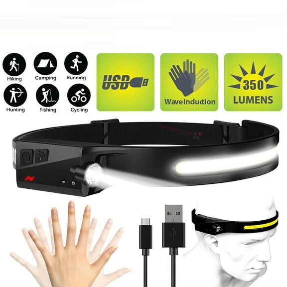 COB LED Headlamp, 350 Lumens Bright USB Rechargeable Work Light, 10W Waterproof Headlight with Adjustable Headband for Camping Hiking Fishing Running