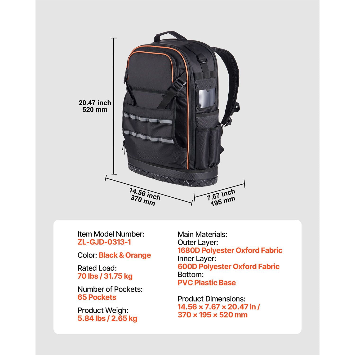 Tool Backpack 65 Pockets, 70 lbs Capacity, 1680D Oxford Fabric, Laptop Compartment, Molded Base, for Electrician Plumber HVAC