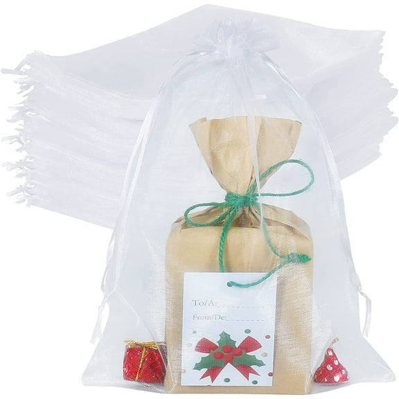 Fymlhomi 100pcs Large Organza Bags White, 8 x 12 inch Mesh Gift Drawstring Pouches Goodie Bags for Christmas Shower Party Favors Samples