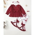 thumbnail image 2 of KIMI BEAR 6 Months Newborn Baby Girl Outfit Set 12 Months Winter Clothing Ruffle Long Sleeves Bowknot T-shirt Top Floral Flared Pants with Headband 3pcs Pant Sets Red, 2 of 9