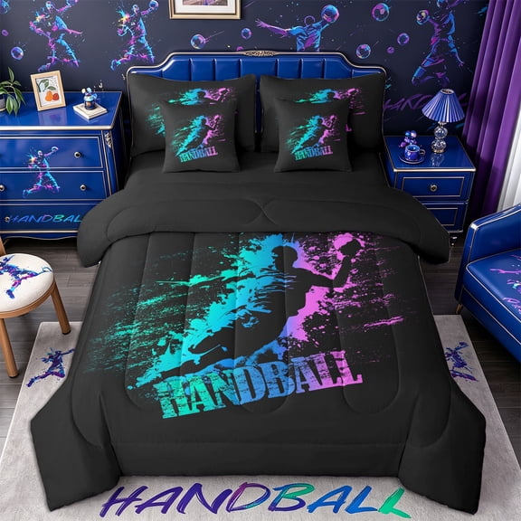 Castle Fairy Sport Handball Twin Bedding 7-Piece, Gradient Graffiti Splash Bedding Comforter Set, Black Teal Pink,Black Reversible