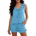 thumbnail image 6 of Riecok Womens Pajama Sets Shorts 2 Piece Outfits Ruffle V Neck Sleeveless Tops and Shorts Stylish Matching Clothing Light Blue 2XL, 6 of 8