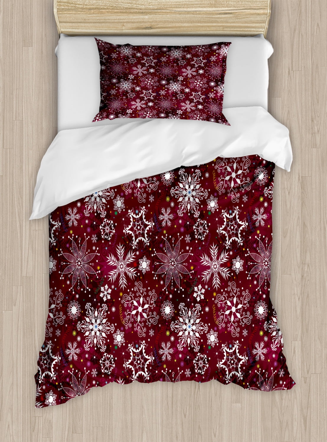 Winter Duvet Cover Set Twin Size, Floral Flakes with Colorful Swirls