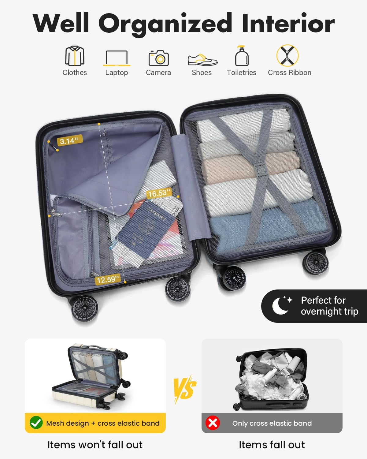16 Inch Airline Approved Underseat Carry On Luggage, Lightweight Hard Shell Personal Item Suitcase with TSA Lock & Spinner Wheels, Beige for Travel