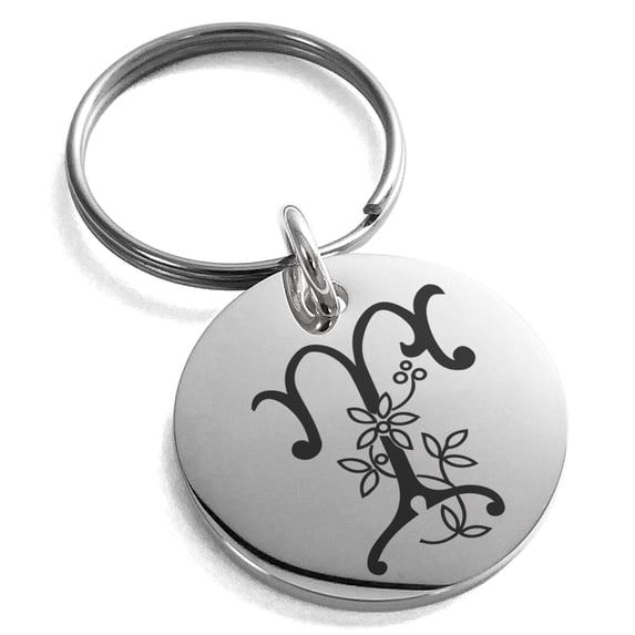 Stainless Steel Letter T Initial Floral Monogram Engraved Small Medallion Circle Charm Keychain Keyring