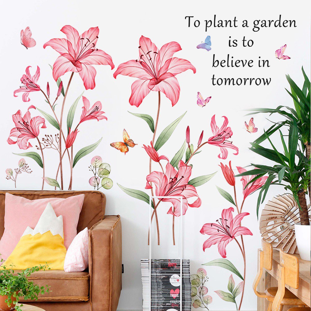 Large Lily Flower Wall Decals Pink Floral Butterfly DIY Peel and Stick Wall Stickers for Girls Bedroom Nursery Living Room Decor