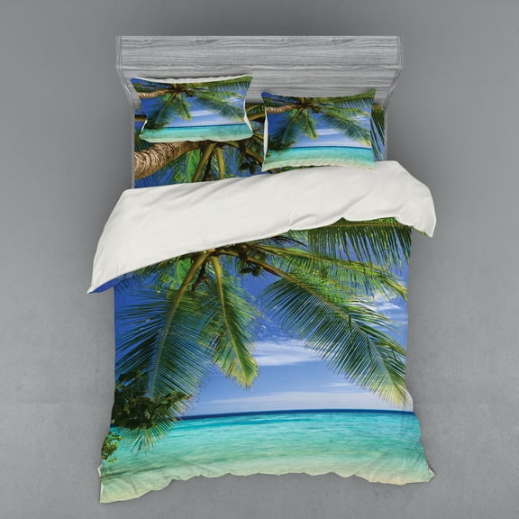 Ambesonne Tropical Bedding Set 4 Pcs, Paradise View Maldives, Queen, Green Aqua Blue