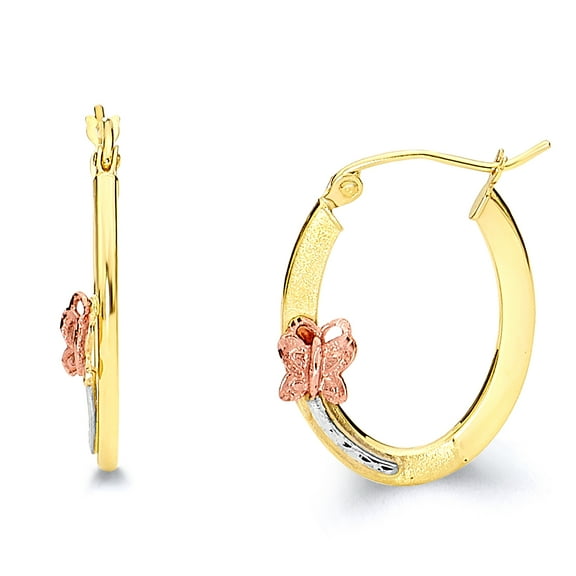 Wellingsale Ladies 14k Tri 3 Color Gold Polished 1.5mm Butterfy Hinged Hoop Earrings (23 x 17 mm)
