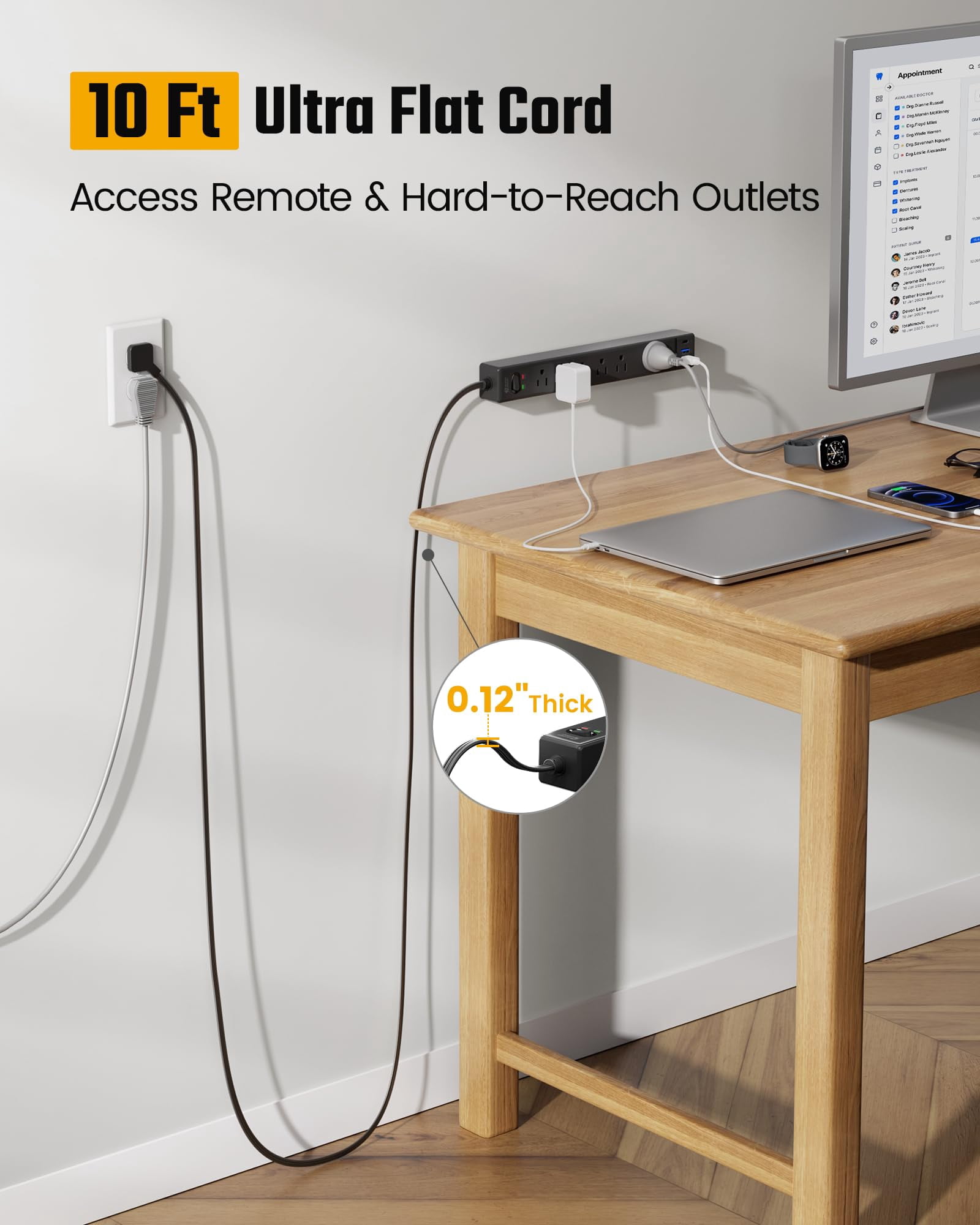 10ft Extension Cord With Multiple Outlets  Flat Plug Surge Protector Power Strip 3 Usb Ports & 6 10 Ft Long Black Charging Station For Home Office Dorm Room