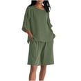 thumbnail image 2 of Roncen Women's Linen Cotton Casual Set - Solid Color Round Neck 3/4 Sleeve Top with Elastic Waist Shorts, Comfortable and Stylish Summer Outfit, 2 of 9