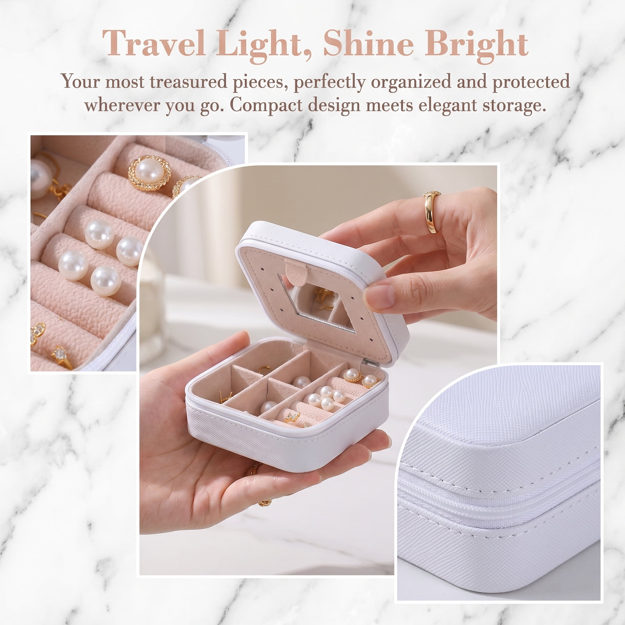 Travel Jewelry Box with Mirror Small Portable PU Leather Organizer Gifts White