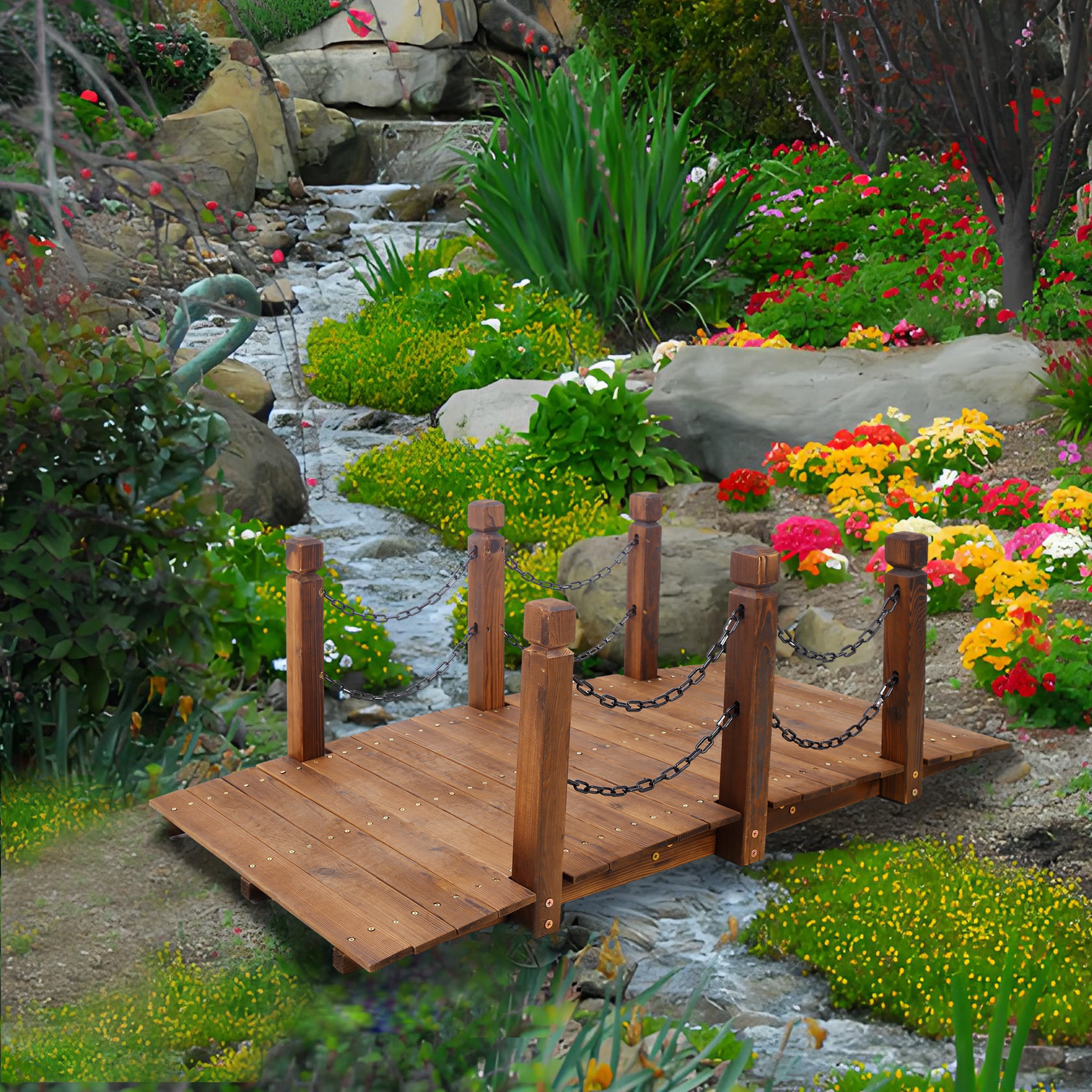 , 5 FT Wooden Garden Bridge, Stained Wood Arc Footbridge with Chain Railings for Backyard Creek Farm, Decorative Pond Bridge, Easy to Assemble (Brown), Brown ,Wood ,