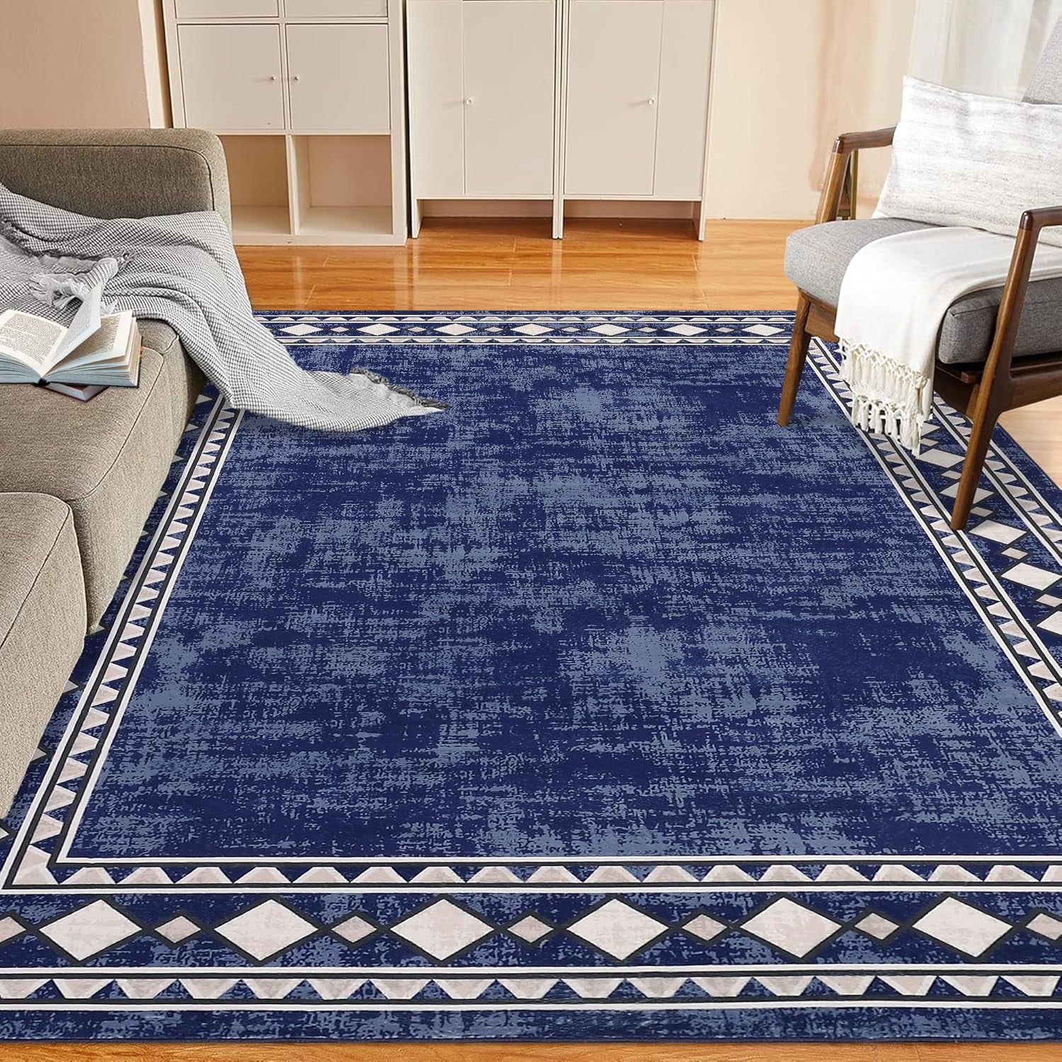 Large Area Rug - 10x13, Washable Vintage Blue Bordered Soft Living Room & Nursery Dining Room Carpet - Non Slip, Stain Resistant - Navy