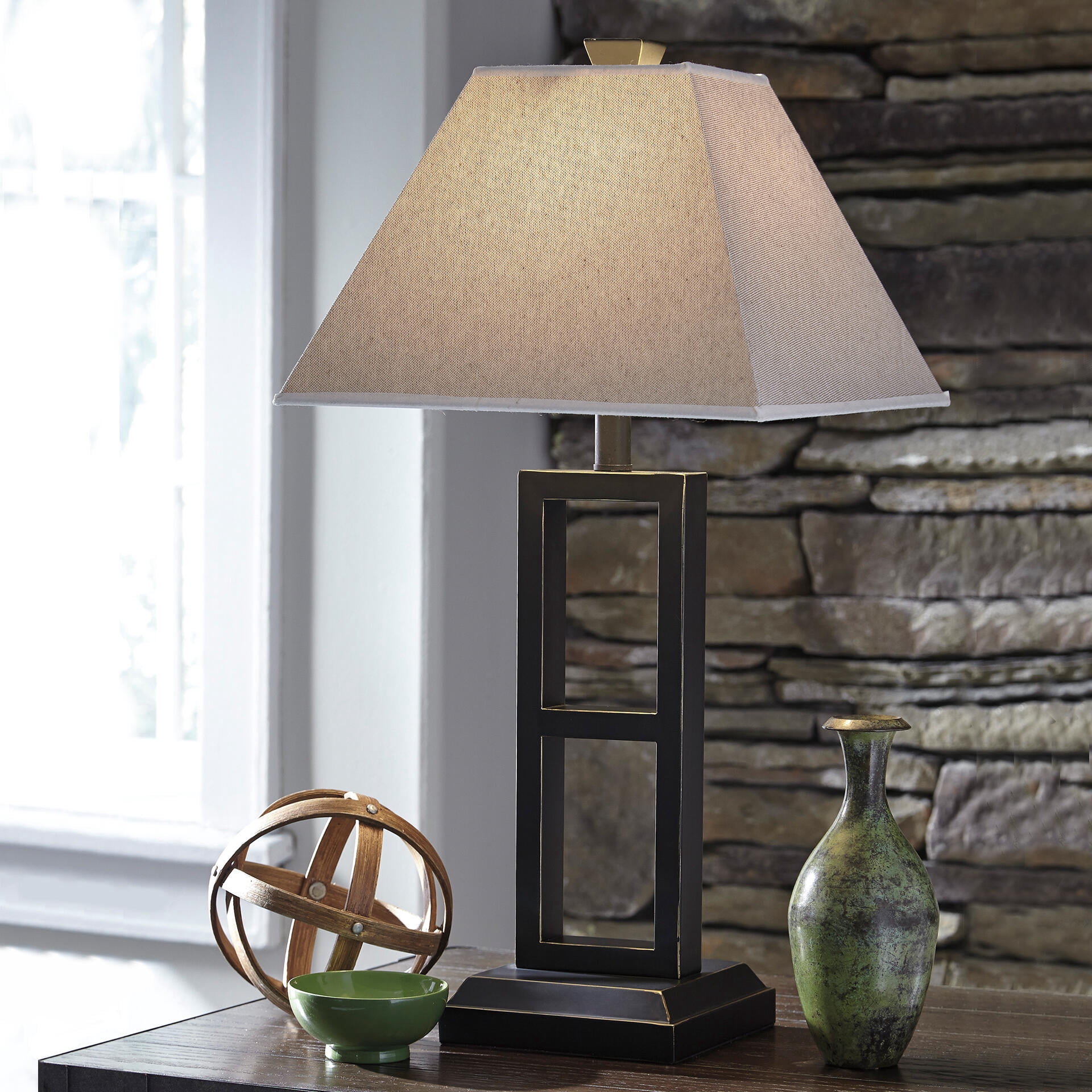 Signature Design by Ashley Deidra Metal Table Lamp Set (2), Black, Modern Open Frame Lamps with Linen-Look Shades