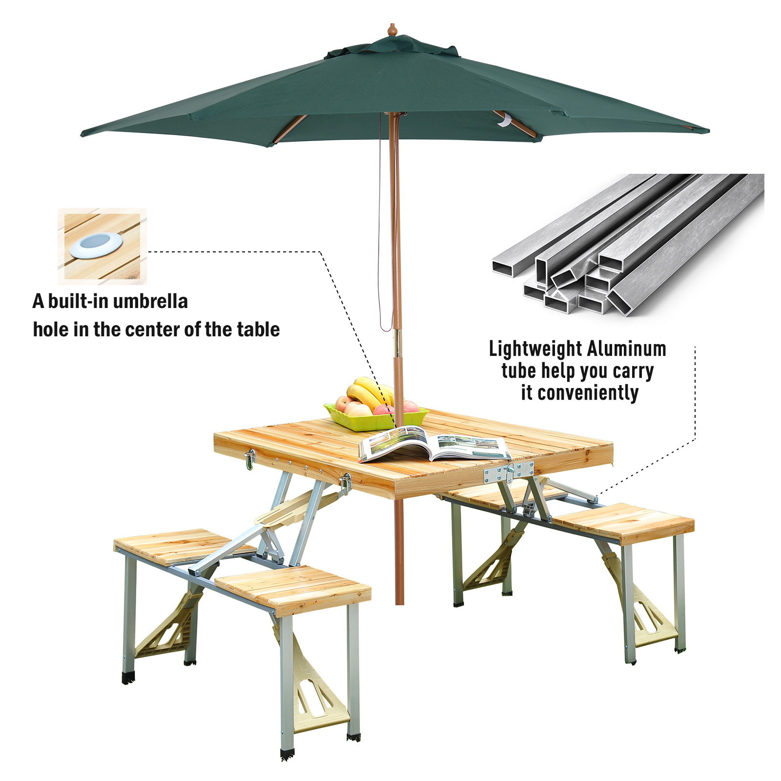 Outsunny Portable Picnic Table Set, Folding Camping Table with Four Chairs and Umbrella Hole, 4-Seats Aluminum Camping Chair with Table, Natural Wood - image 4 of 9