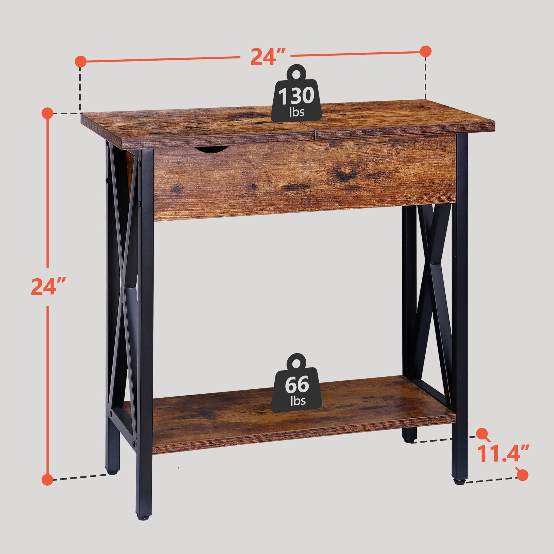 HomGarden Narrow Flip Top End Table Entryway Side Table W/ Charging Station USB Ports & Power Outlets, Rustic Brown