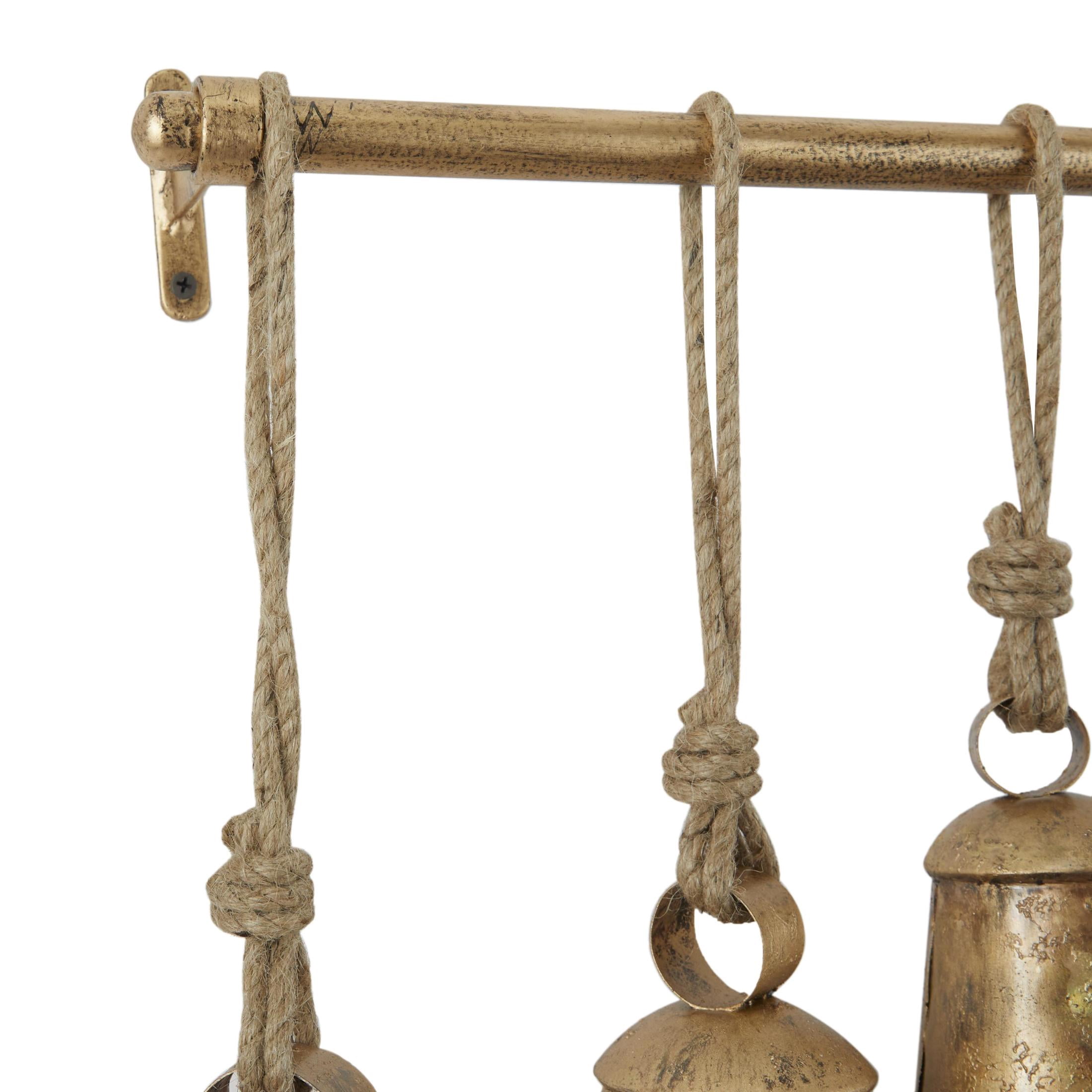 DecMode Tibetan Inspired Bronze Metal Conical Decorative Cow Bells with 12 Bells on Jute Hanging Rope and Metal Rod