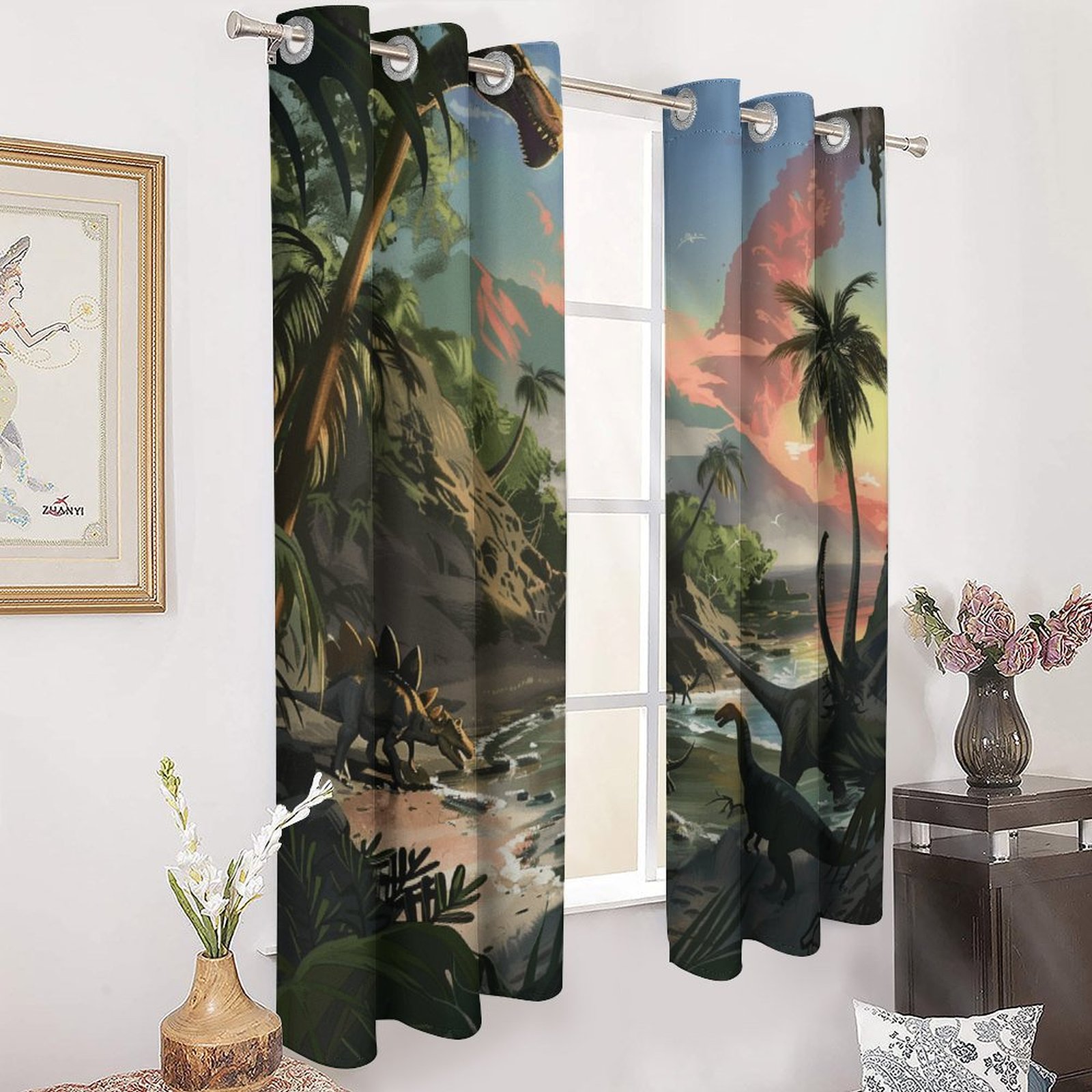 Blackout Curtains for Bedroom Jurassic Dinosaur Full Room Darkening Grommet Curtains for Living Room,Thermal Insulated Ombre Drapes
