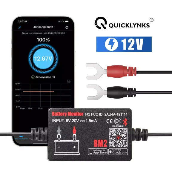 QUICKLYNKS Auto Battery Monitor BM2 Bluetooth 4.0 Wireless 12V Automotive Battery Tester, Automotive Charging and Cranking System Monitor Digital Battery Analyzer for Android & iOS
