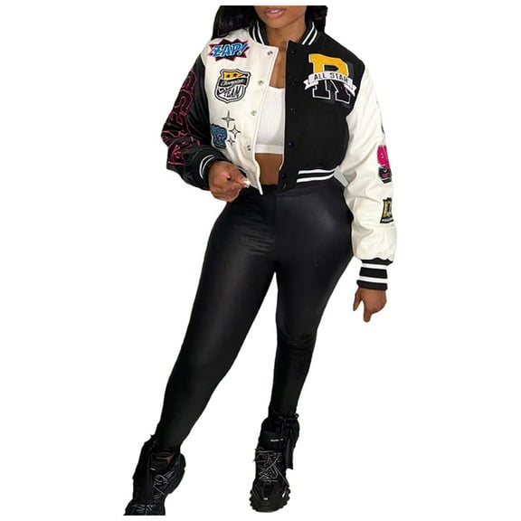 Women Jacket Patchwork Cropped Varsity Baseball Jackets y2k Colorblock Letter Print Long Sleeve Button Down Bomber Outwears Jackets