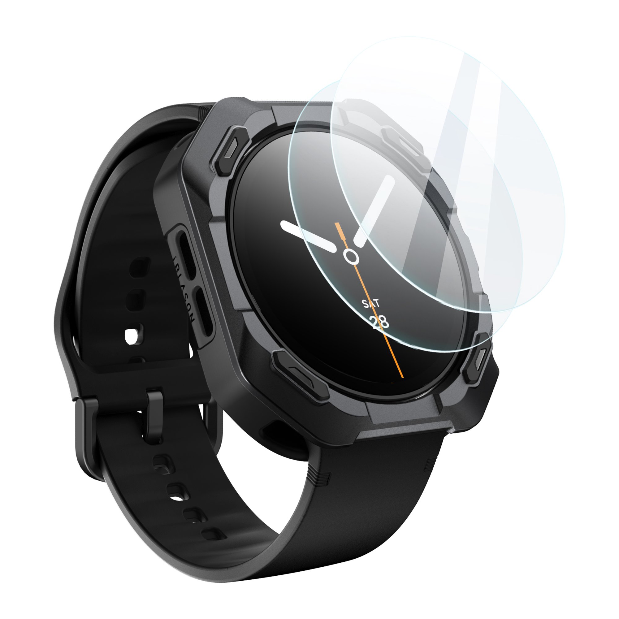 i-Blason 44mm for Galaxy Watch 9 Band/Samsung Watch 8 Band with Case, Black 2X Glass Screen Protector, Magnetic Charging, Heavy Duty Protection, Durable Shockproof Bumper for Sports & Construction